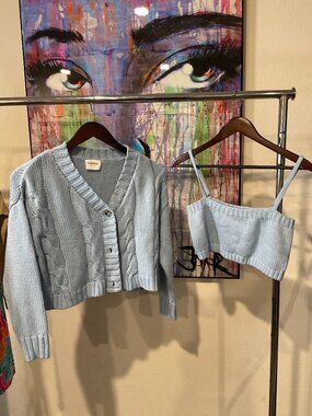Callahan Lu Cardigan Set Baby Blue Small NWT 2 Piece Cable Knit